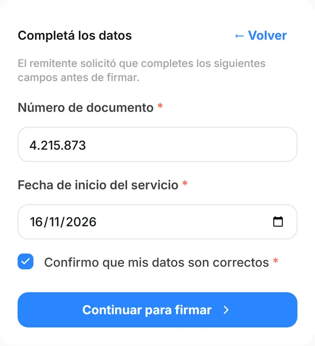 e-Sign en el celular: formulario con el número de documento y la fecha de inicio del servicio, con datos de ejemplo