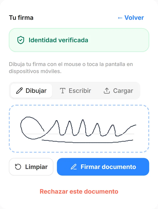 e-Sign en el celular: pantalla Tu firma con la firma dibujada en el lienzo y el botón Firmar documento