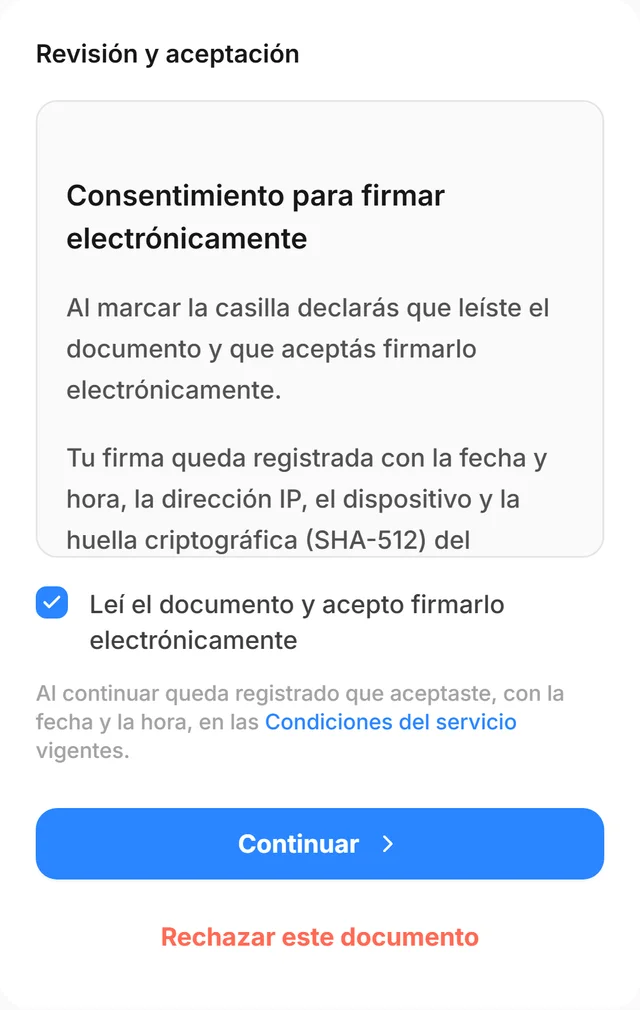 e-Sign en el celular: consentimiento para firmar electrónicamente, con la casilla de aceptación marcada