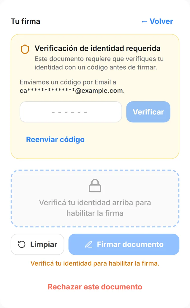 e-Sign en el celular: aviso de verificación de identidad con un código enviado al correo y la firma bloqueada hasta verificar