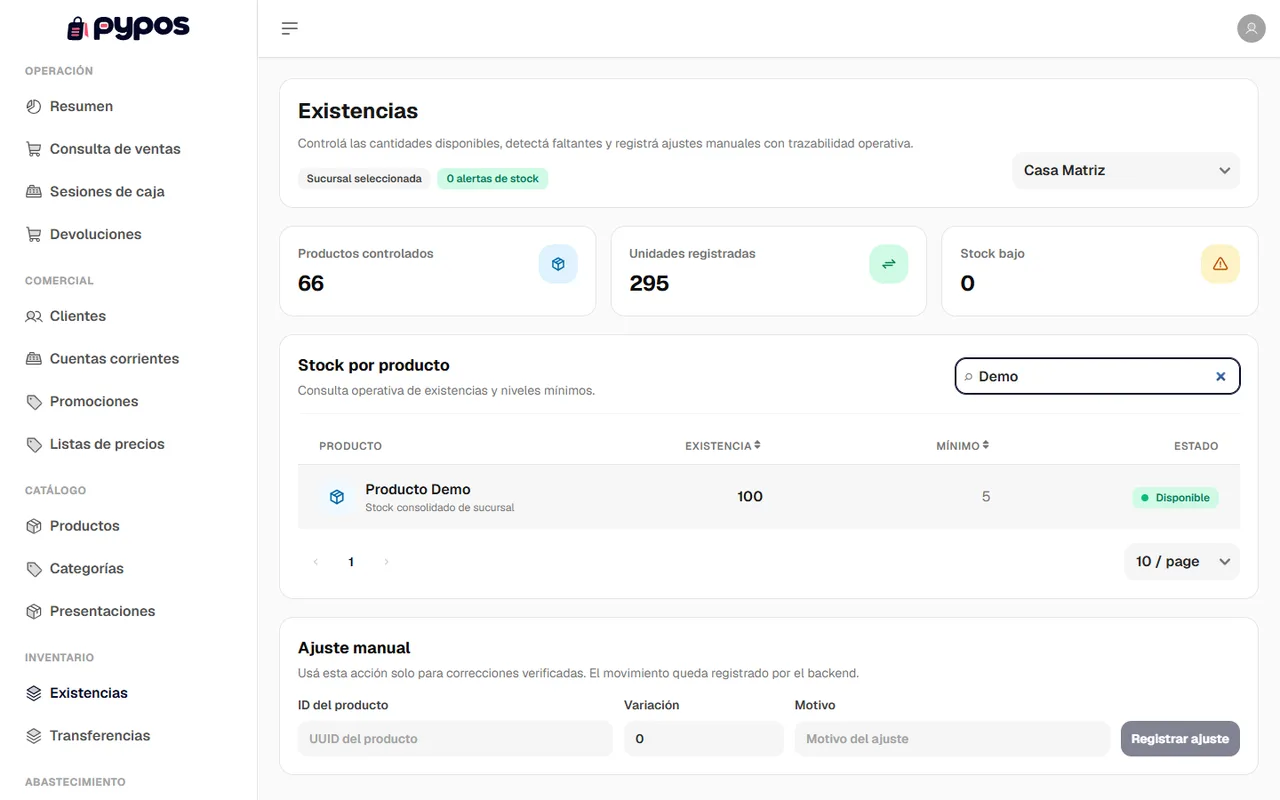Backoffice de PyPOS: existencias por producto con cantidad, mínimo y estado, y formulario de ajuste manual, con datos de prueba