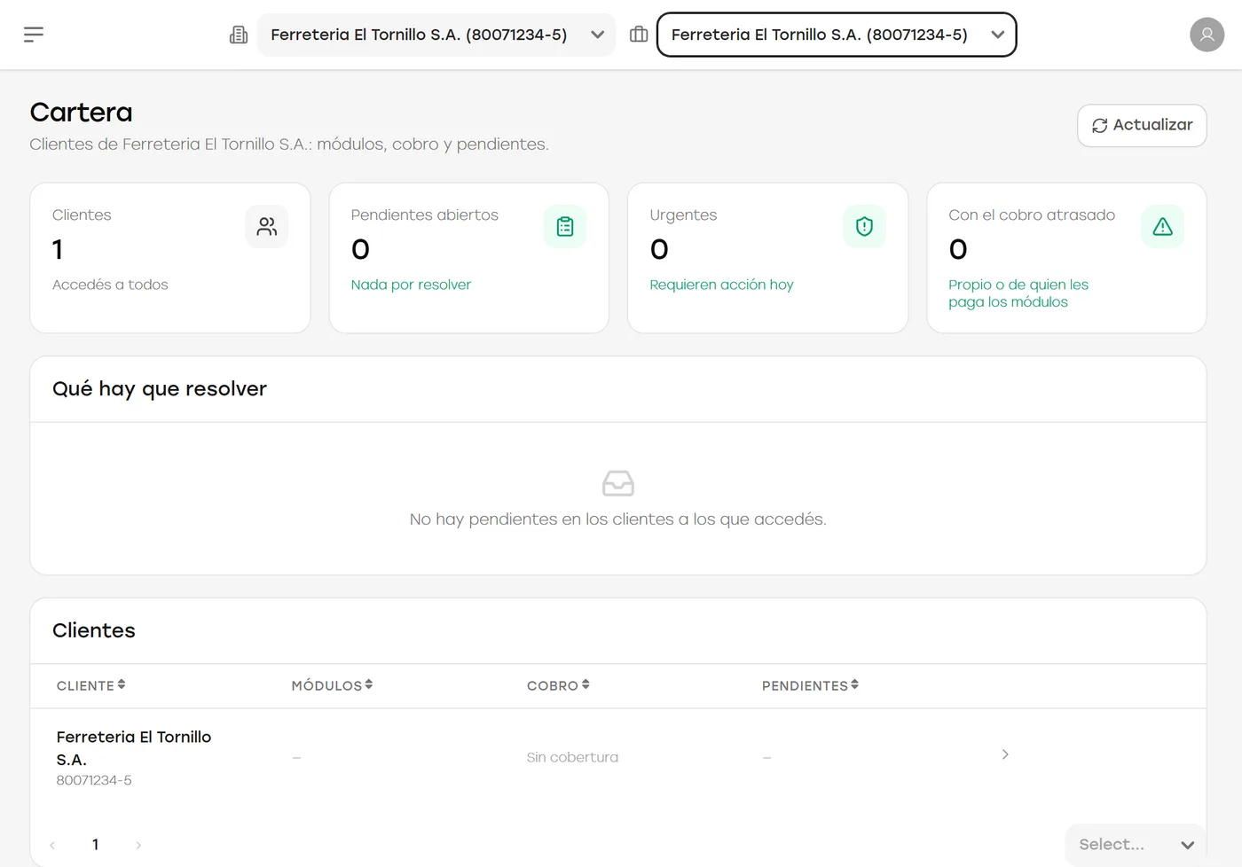 SEDIA: cartera de un estudio contable con sus clientes, pendientes abiertos, urgentes y cobros atrasados, con una empresa ficticia