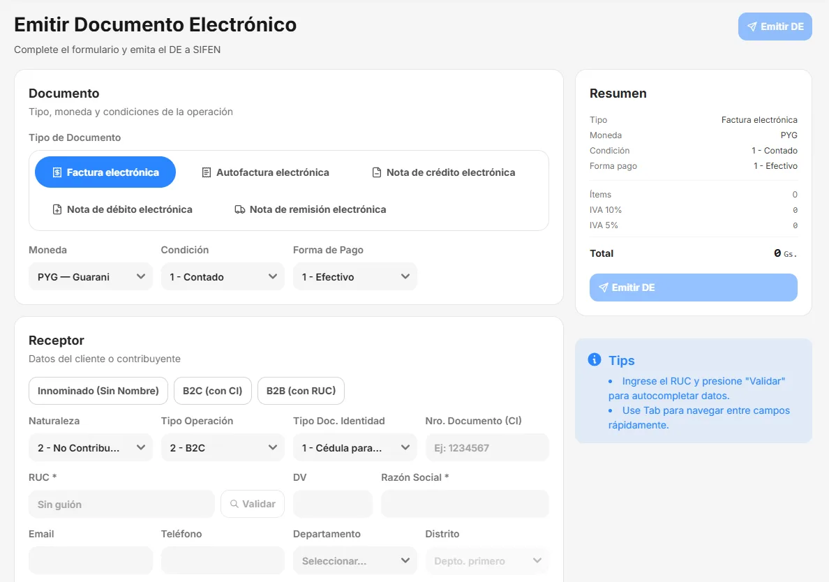 Panel de facturación electrónica SIFEN: formulario para emitir un documento electrónico con los cinco tipos de documento, moneda, condición de pago y datos del receptor, con una empresa ficticia